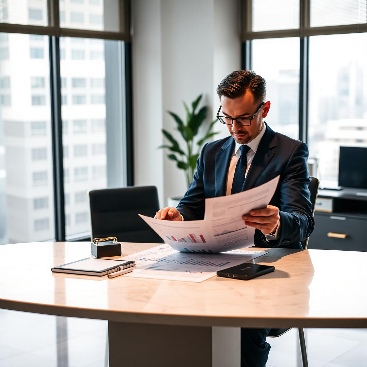 Senior finance executive reviewing financial performance reports in a modern office